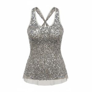 Silver Sequin Tank Top with Crisscross Back